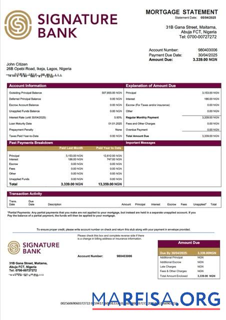 Realistic Nigeria Signature Bank mortgage statement Word and PDF template